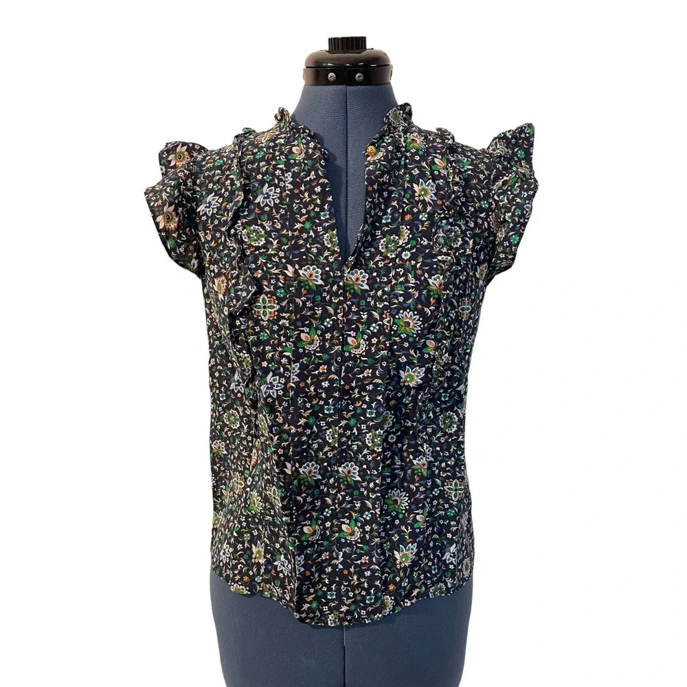 Tory Burch Silk Navy Floral Flutter Cap Sleeve Top Prairie Peasant Preppy Y2K 0